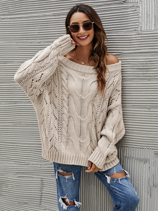 Cable Knit Openwork Off-Shoulder Sweater - adritiX