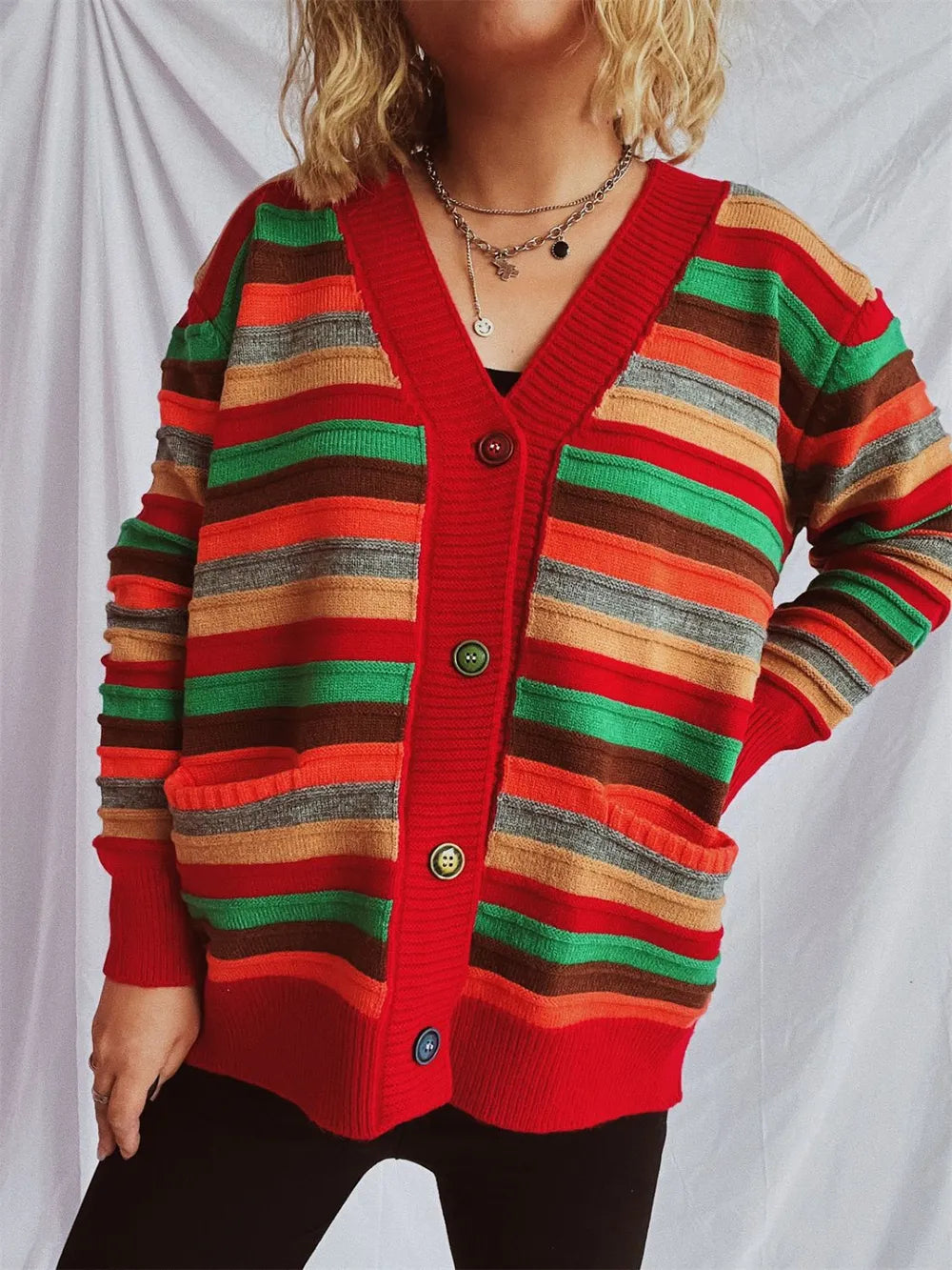 Contrast Stripes Button Up Long Sleeve Cardigan - adritiX