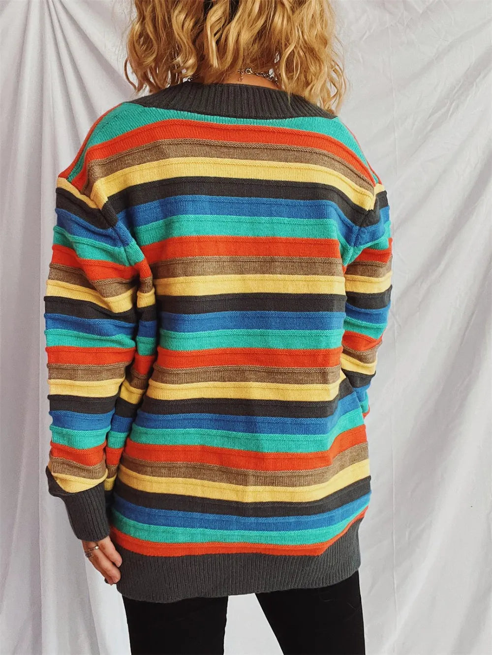 Contrast Stripes Button Up Long Sleeve Cardigan - adritiX
