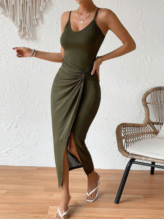 Ribbed Wrap Midi Dress with Side Slit - adritiX