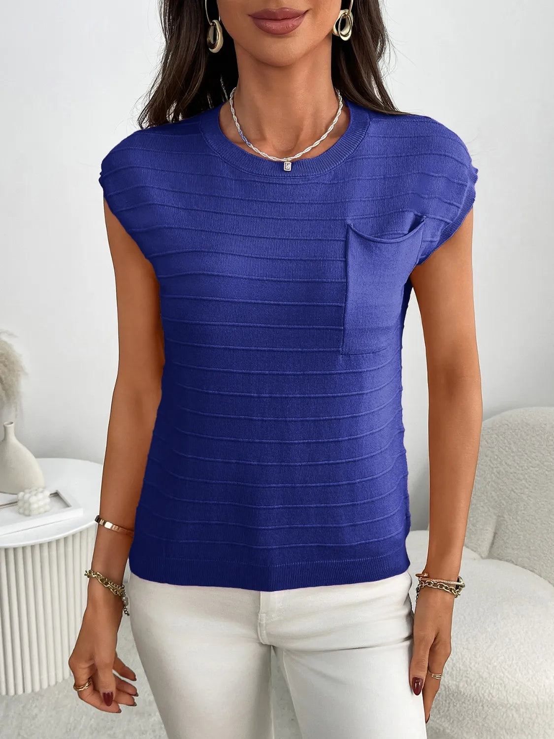Round Neck Cap Sleeve Knit Top - adritiX