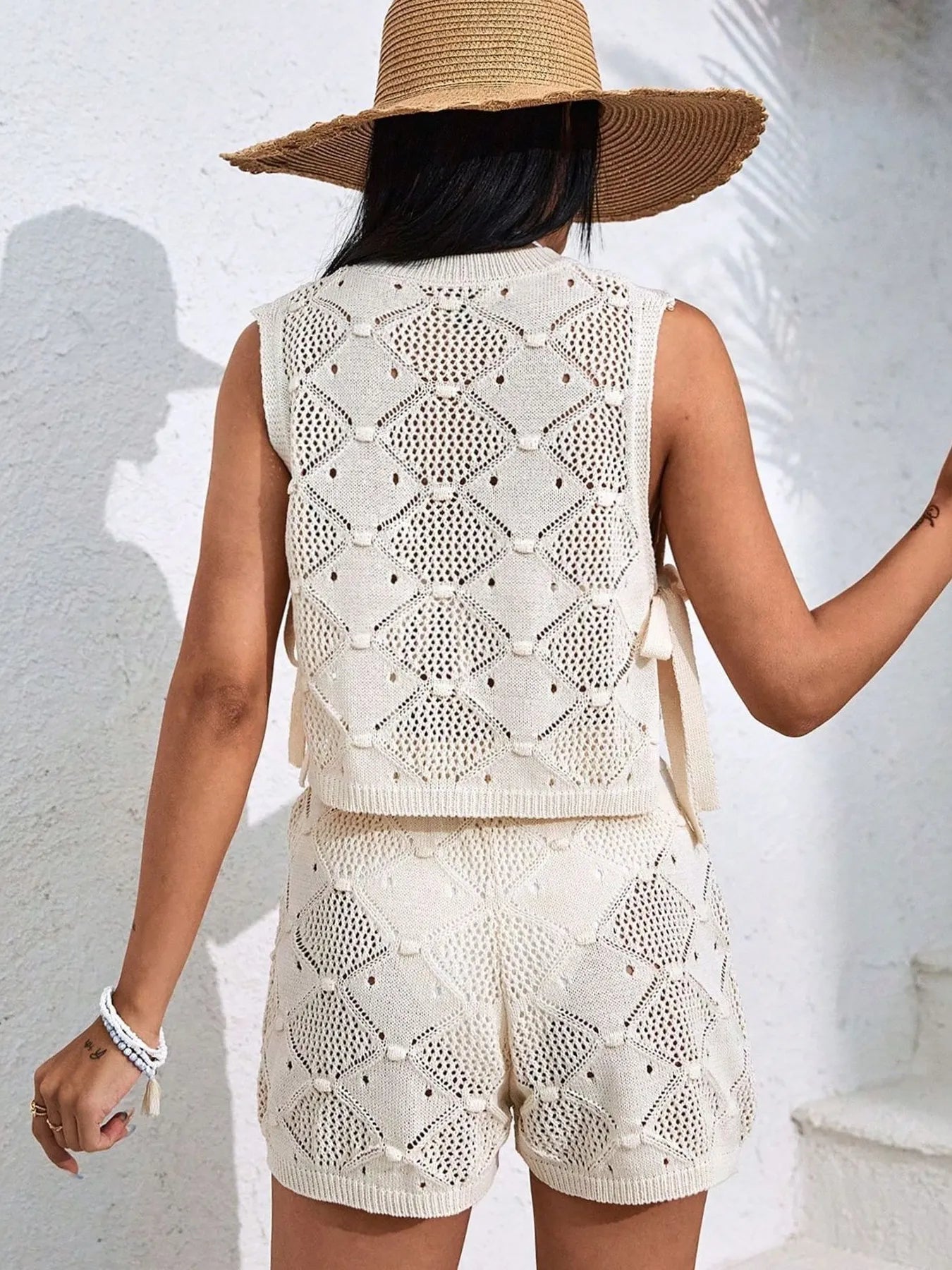 Diamond Pattern Sleeveless Top and Shorts Knit Set - adritiX