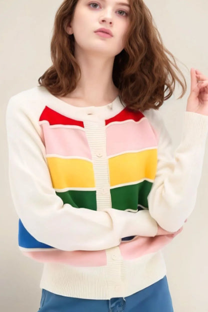 Contrast Button Down Long Sleeve Cardigan - adritiX