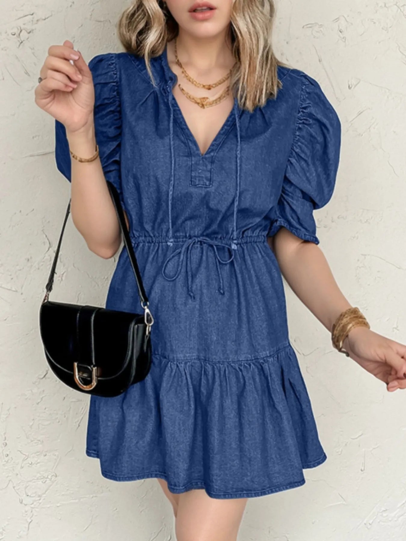 Drawstring High Waist Puff Sleeve Denim Mini Dress - adritiX
