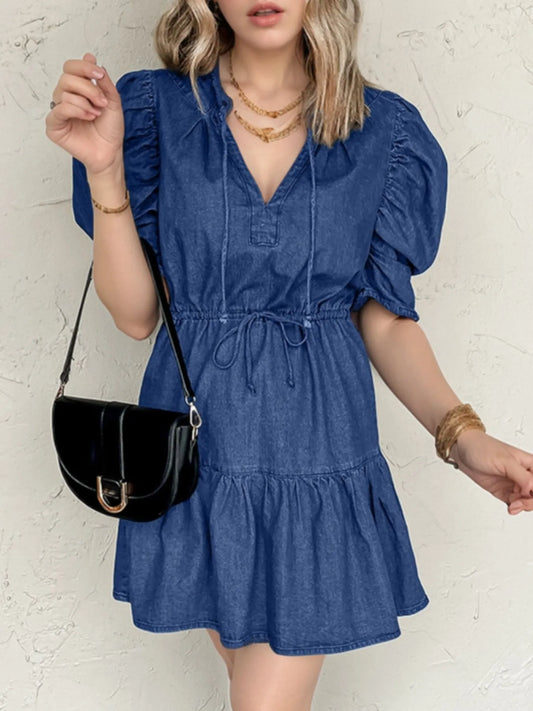 Drawstring High Waist Puff Sleeve Denim Mini Dress - adritiX