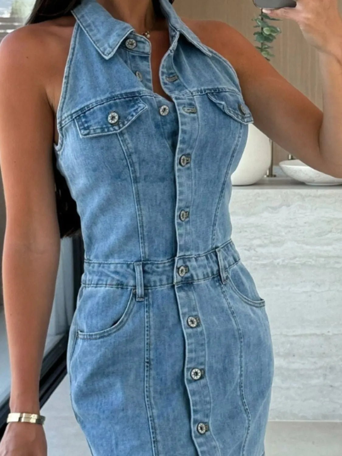 Button Front Sleeveless Denim Mini Dress - adritiX