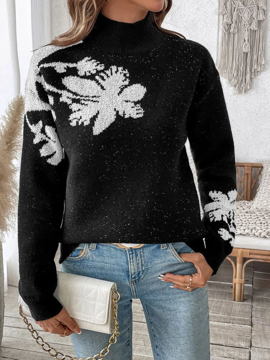Perfee Flower Mock Neck Long Sleeve Sweater - adritiX