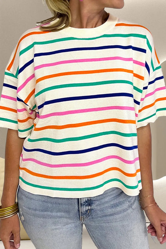 Striped Round Neck Half Sleeve Knit Top - adritiX