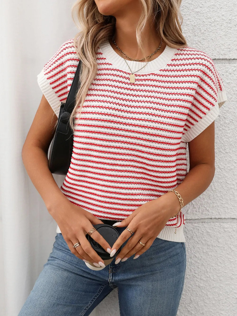 Striped Round Neck Short Sleeve Knit Top - adritiX