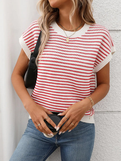 Striped Round Neck Short Sleeve Knit Top - adritiX