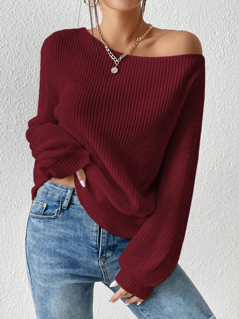 Elegant Honey Single Shoulder Long Sleeve Sweater - adritiX