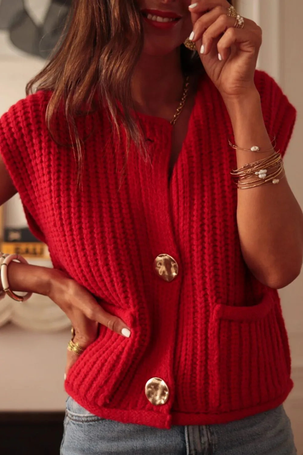 Button Down Sweater Vest with Pockets - adritiX
