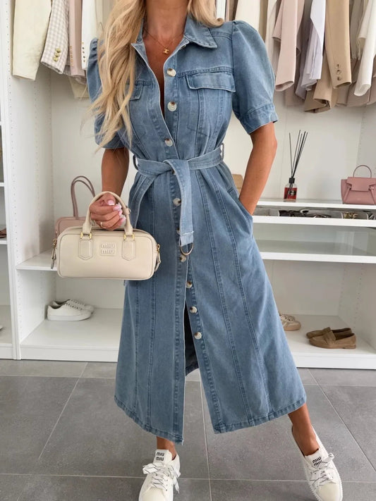 Puff Sleeve Button Down Belted Denim Midi Dress - adritiX
