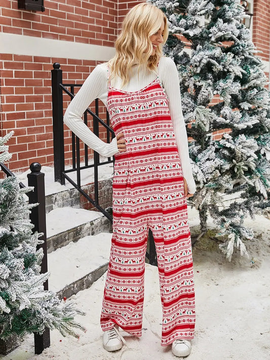 Elegant Shiny Christmas Color Contrast Wide-Legged Jumpsuit - adritiX