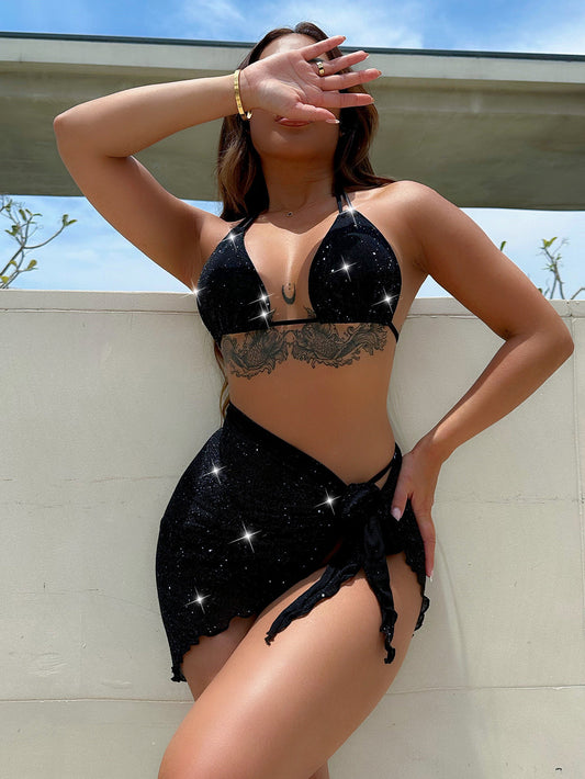 Glitter Halter Neck Backless Three-Piece Swim Set - adritiX