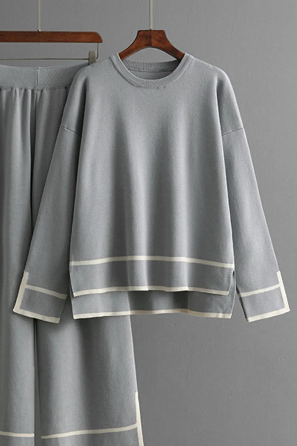 Elegant High-Low Round Neck Top and Pants Sweater Set - adritiX