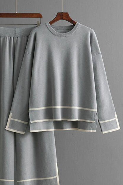 Elegant High-Low Round Neck Top and Pants Sweater Set - adritiX