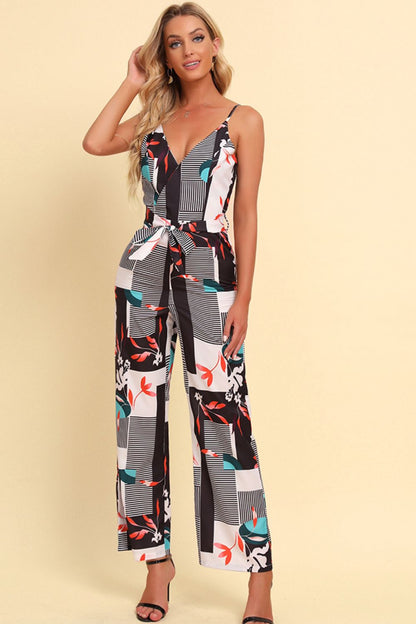 Elegant Printed Spaghetti Strap Tied Jumpsuit - adritiX
