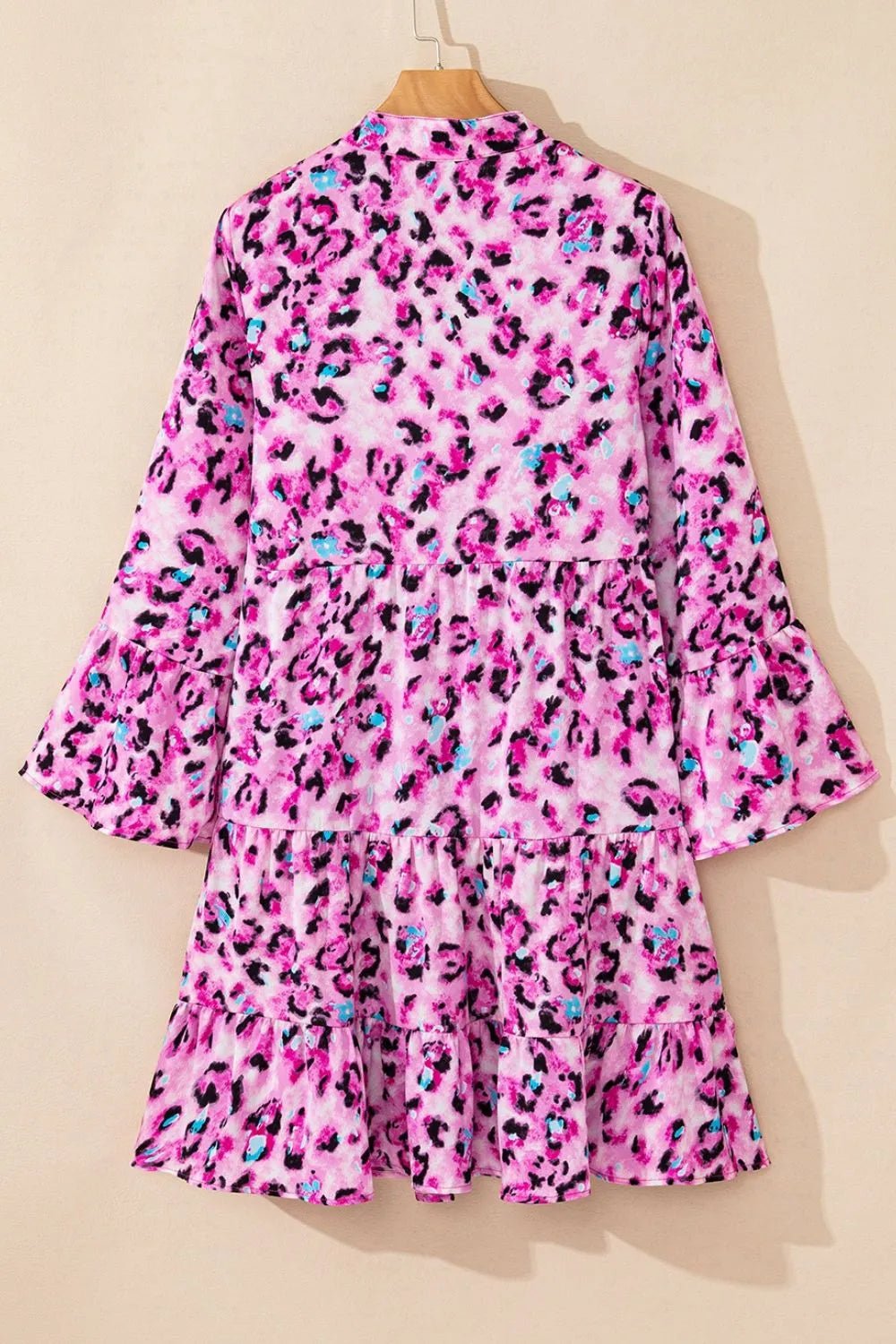 Leopard Print Buttoned Front 3/4 Sleeve Tiered Ruffled Hem Dress - adritiX