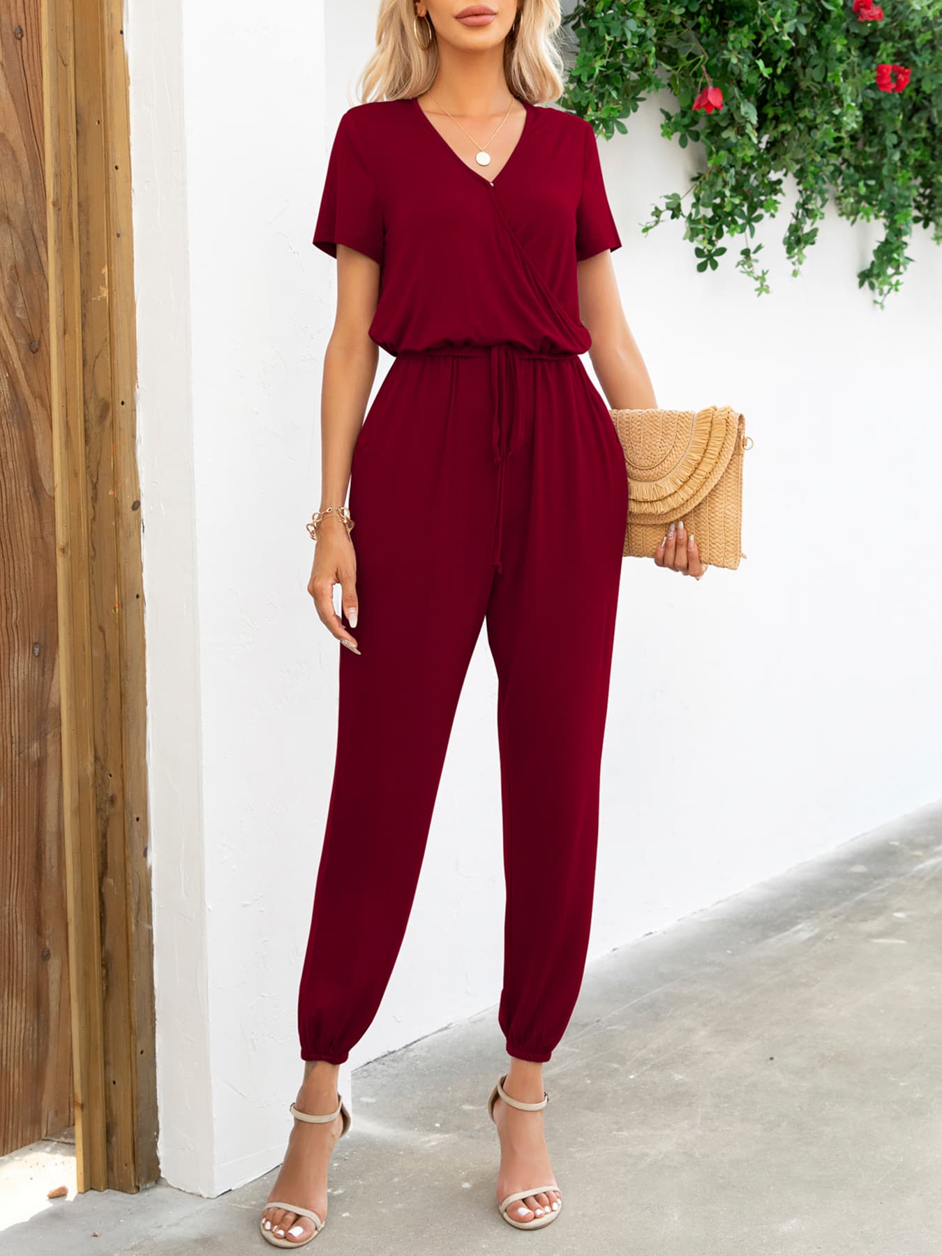 Elegant Short Sleeve V-Neck Jumpsuit with Pockets - adritiX