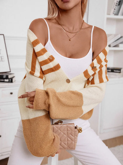 Color Block V-Neck Button Down Long Sleeve Cardigan - adritiX