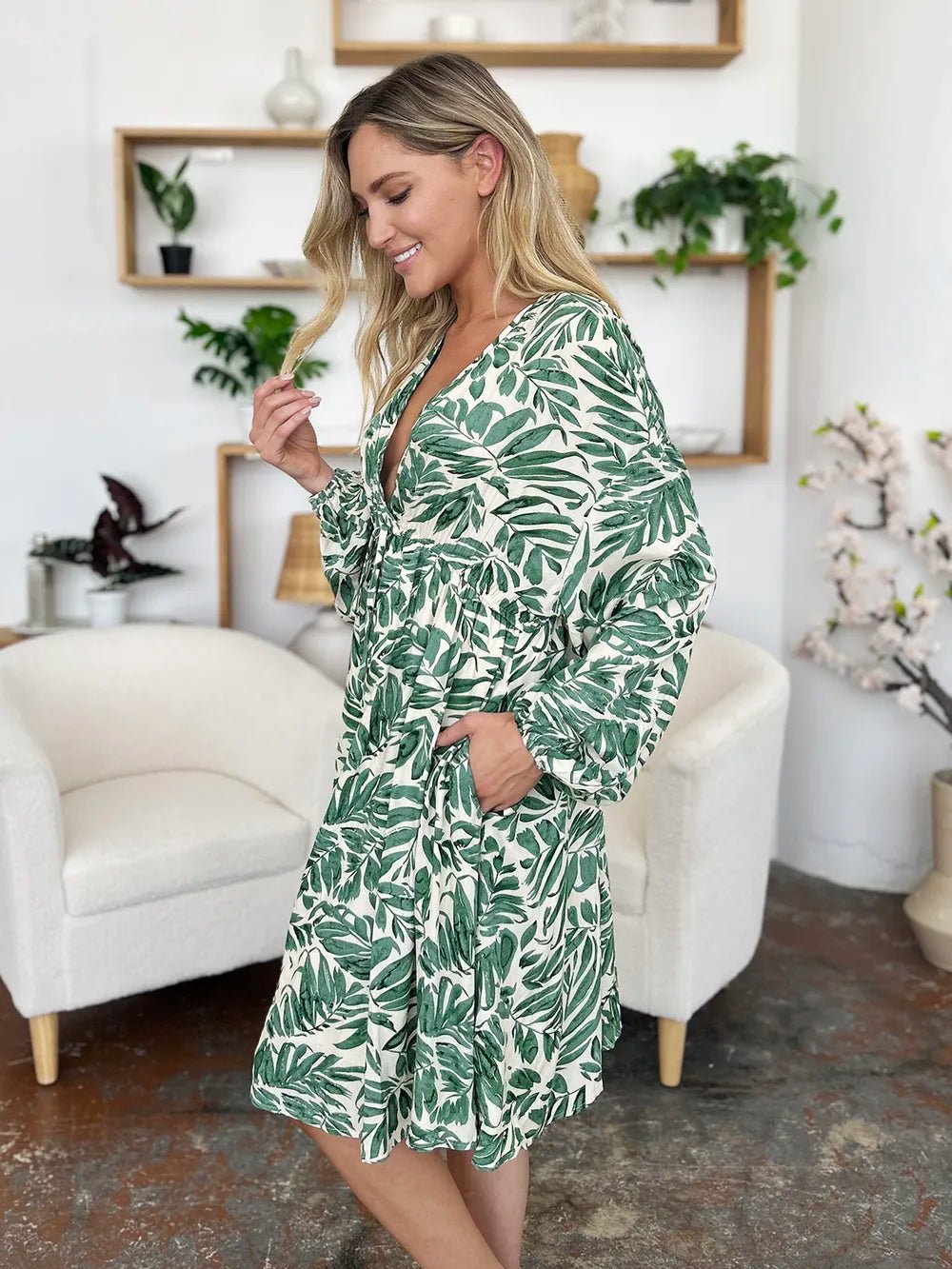 Double Take Full Size Printed Ruched Balloon Sleeve Dress - adritiX