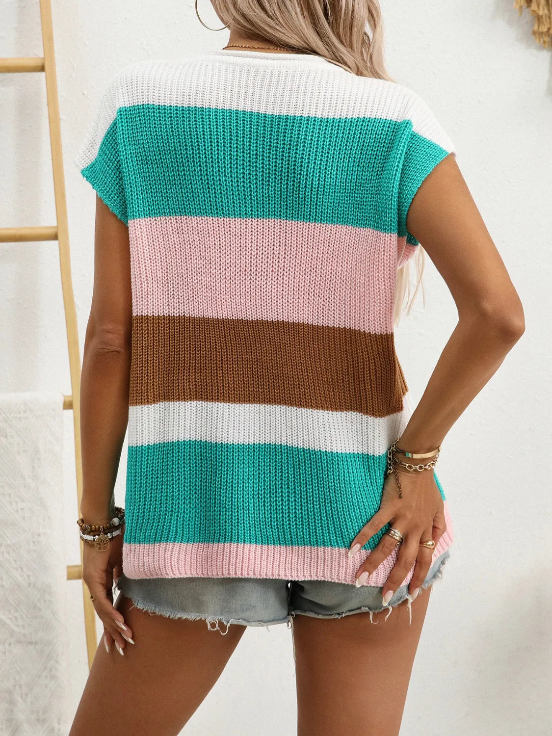 Color Block Notched Short Sleeve Knit Top - adritiX