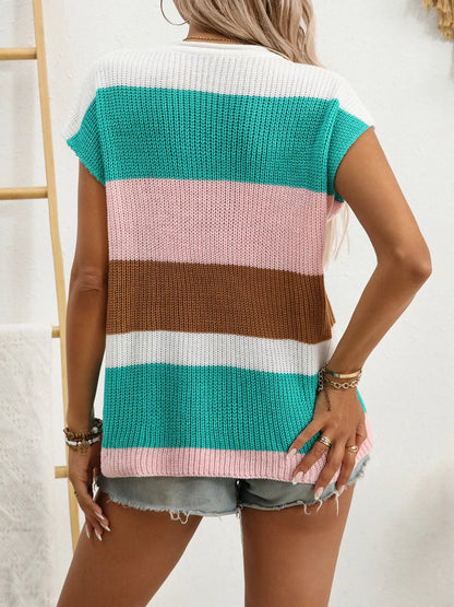 Color Block Notched Short Sleeve Knit Top - adritiX