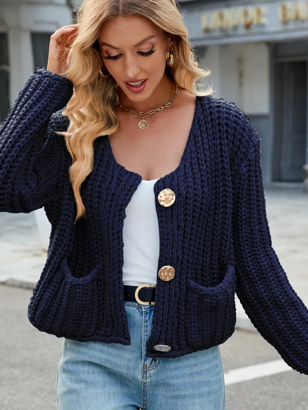 Round Neck Button Up Cardigan with Pockets - adritiX