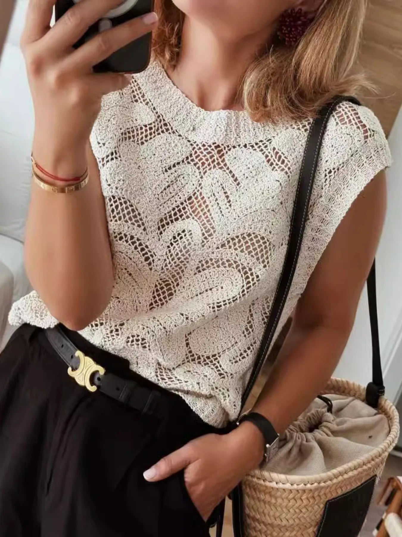 Lace Knit Sleeveless Sweater Vest - adritiX