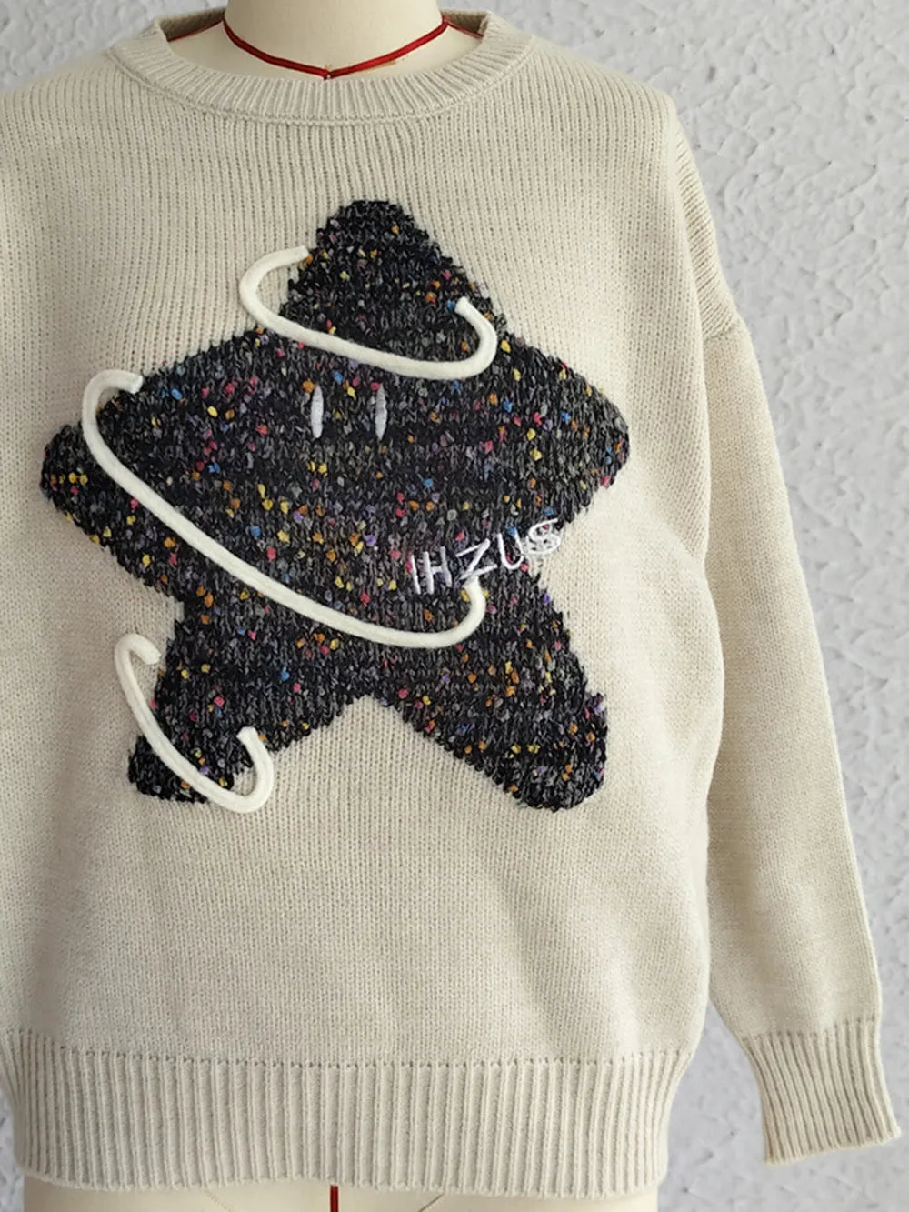 Contrast Star Round Neck Long Sleeve Sweater - adritiX