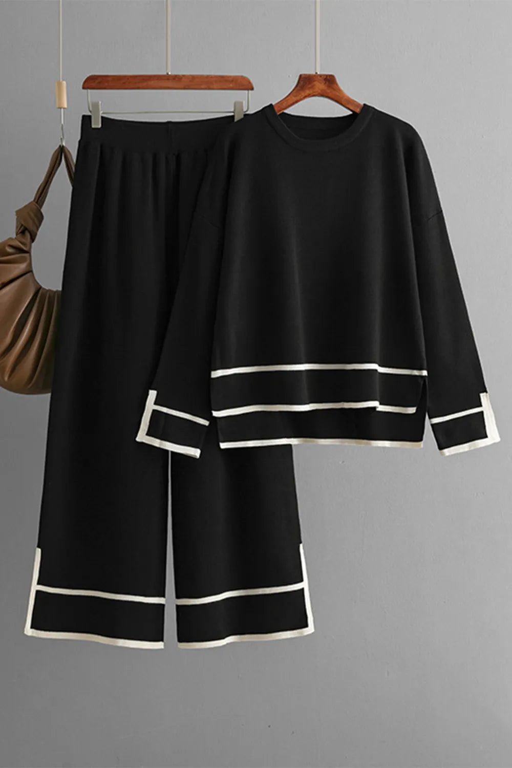 Elegant High-Low Round Neck Top and Pants Sweater Set - adritiX