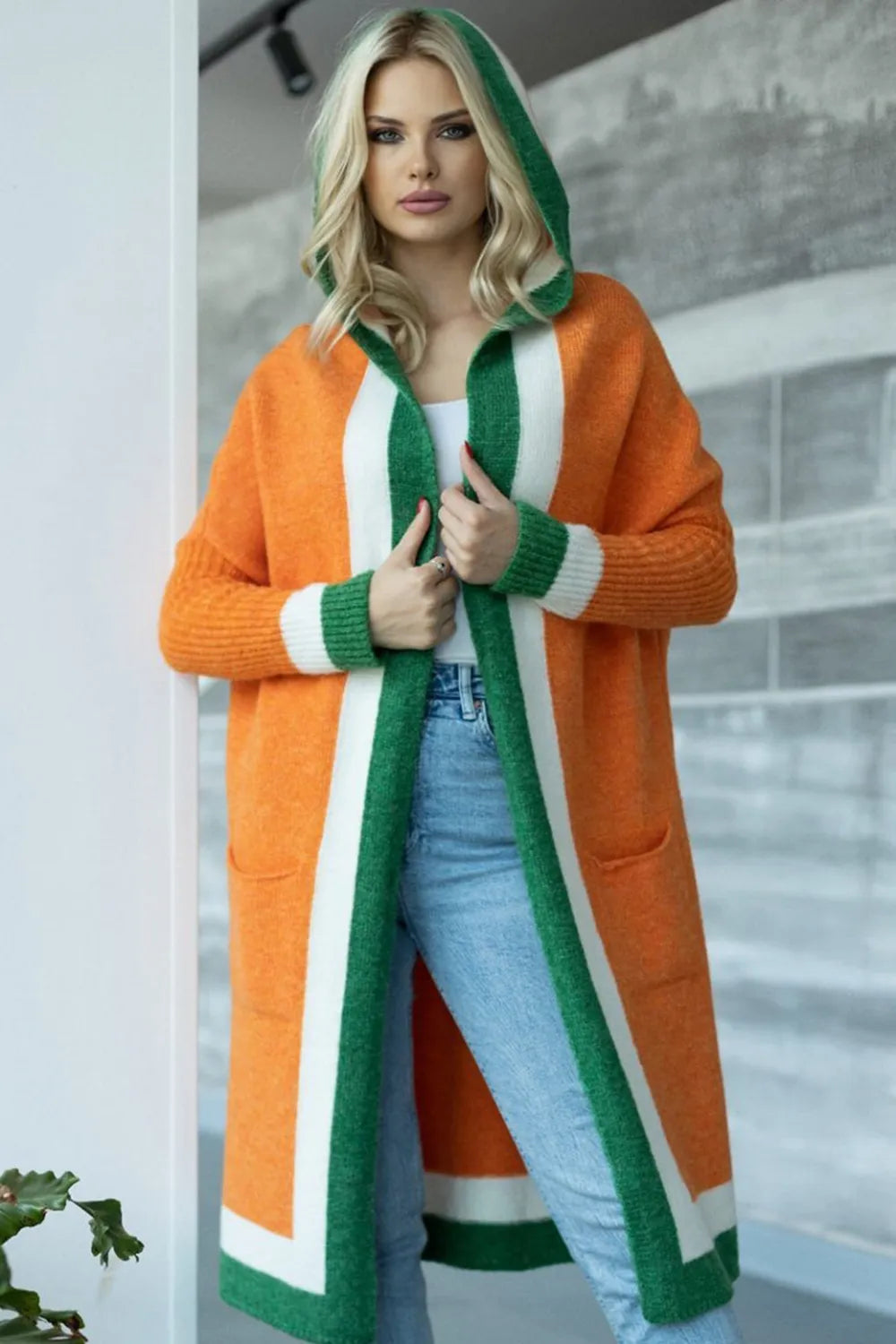 Pocketed Contrast Long Sleeve Hooded Cardigan - adritiX