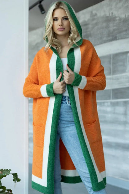Pocketed Contrast Long Sleeve Hooded Cardigan - adritiX