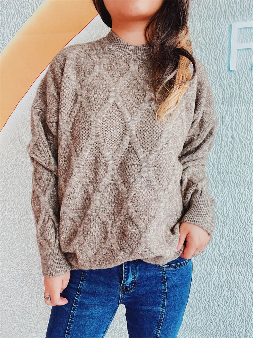 Diamond Round Neck Long Sleeve Sweater - adritiX