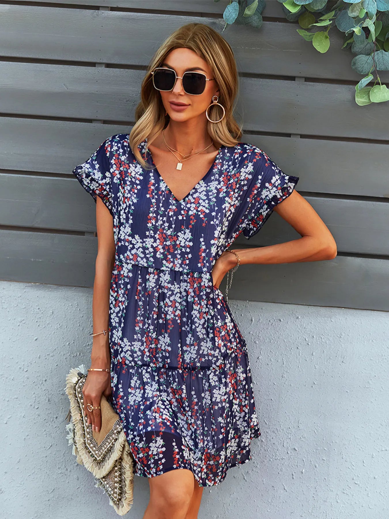Floral Print V-Neck Ruffle Tiered Summer Mini Dress - adritiX
