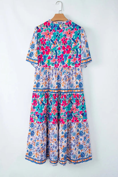 Mixed Floral Print Tie Neck Short Sleeve Dress - adritiX