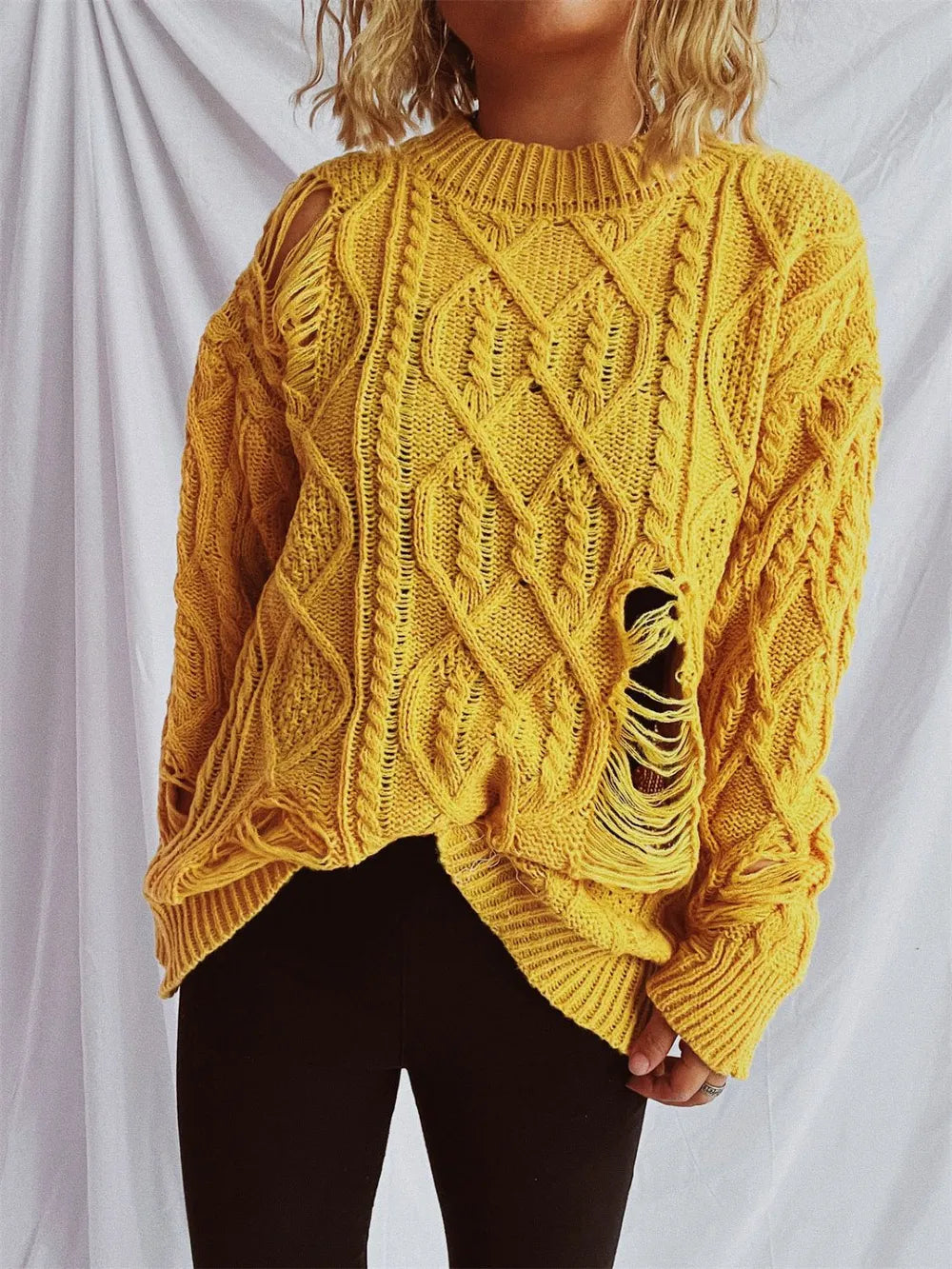 Distressed Cable-Knit Round Neck Long Sleeve Sweater - adritiX