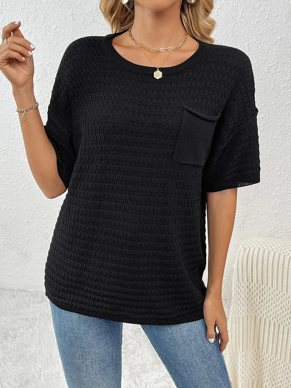 Round Neck Half Sleeve Knit Top - adritiX