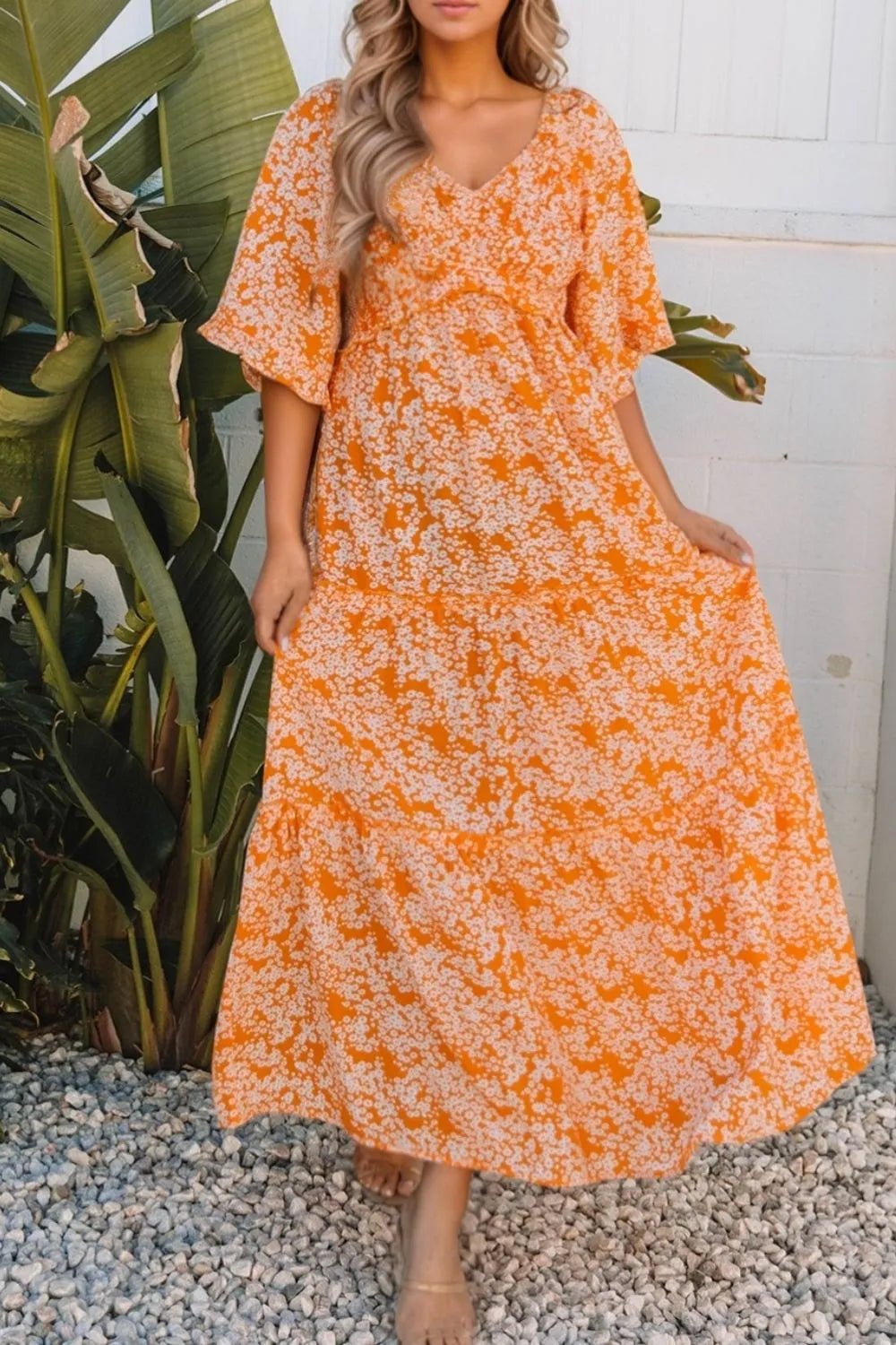 Floral Print Smocked V Neck Wide Sleeve Maxi Dress - adritiX