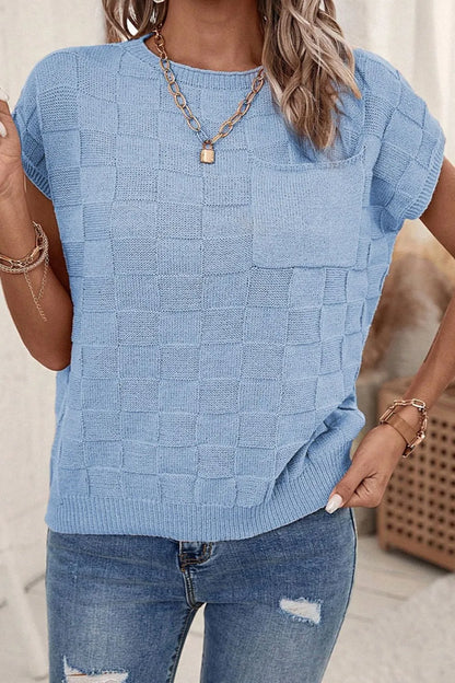 Pocketed Checkered Round Neck Knit Top - adritiX