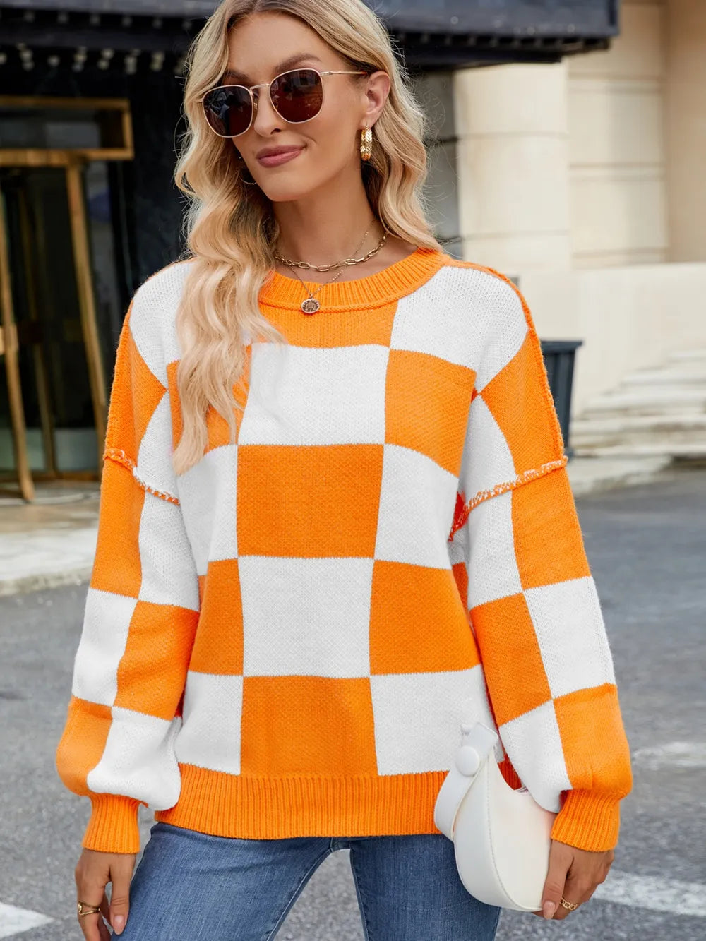 Checkered Round Neck Long Sleeve Sweater - adritiX