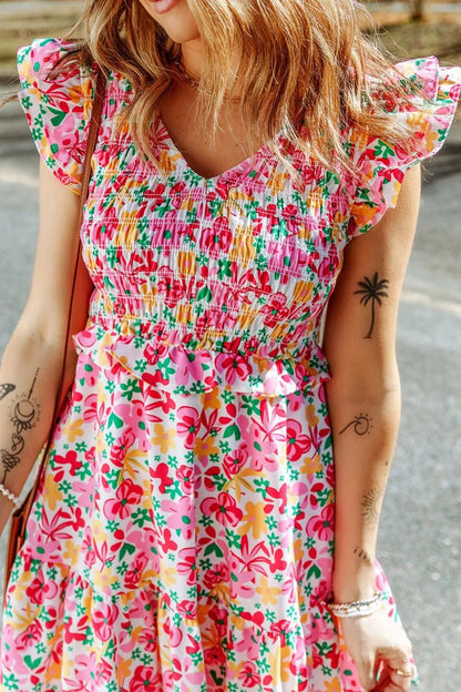 Smocked Floral V-Neck Ruffled Cap Sleeve Dress - adritiX