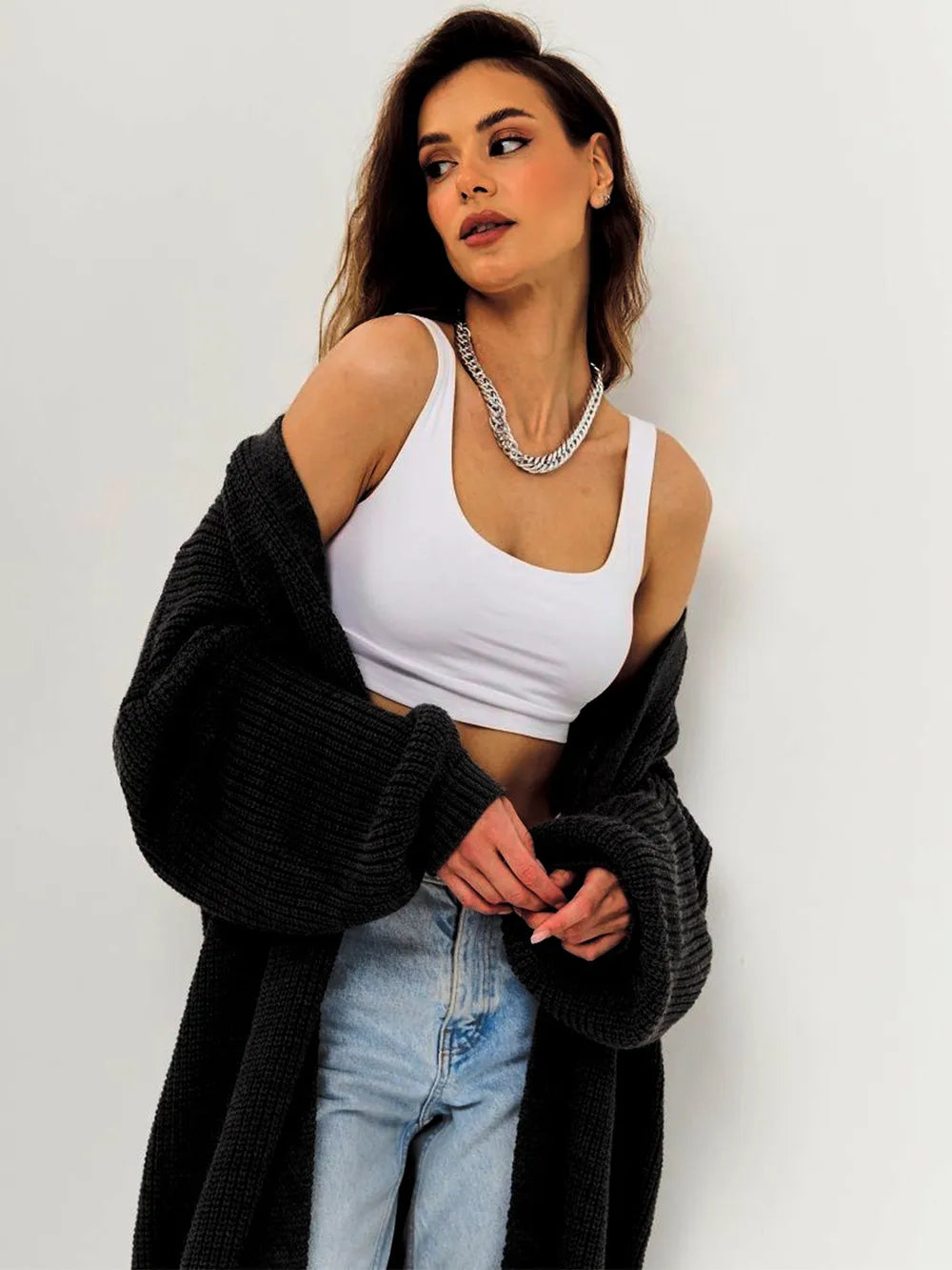 Open Front Long Sleeve Longline Cardigan - adritiX