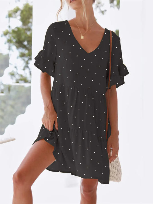 Polka Dot V-Neck Short Sleeve Mini Dress - adritiX
