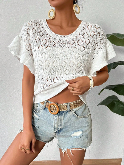 Ruffled Openwork Round Neck Knit Top - adritiX