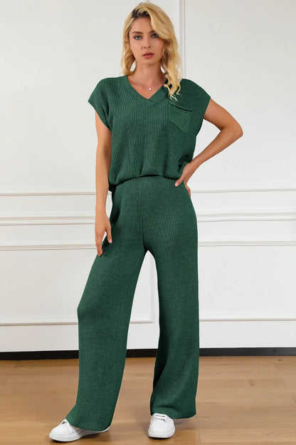Pocketed V-Neck Top and Wide Leg Sweater Set - adritiX