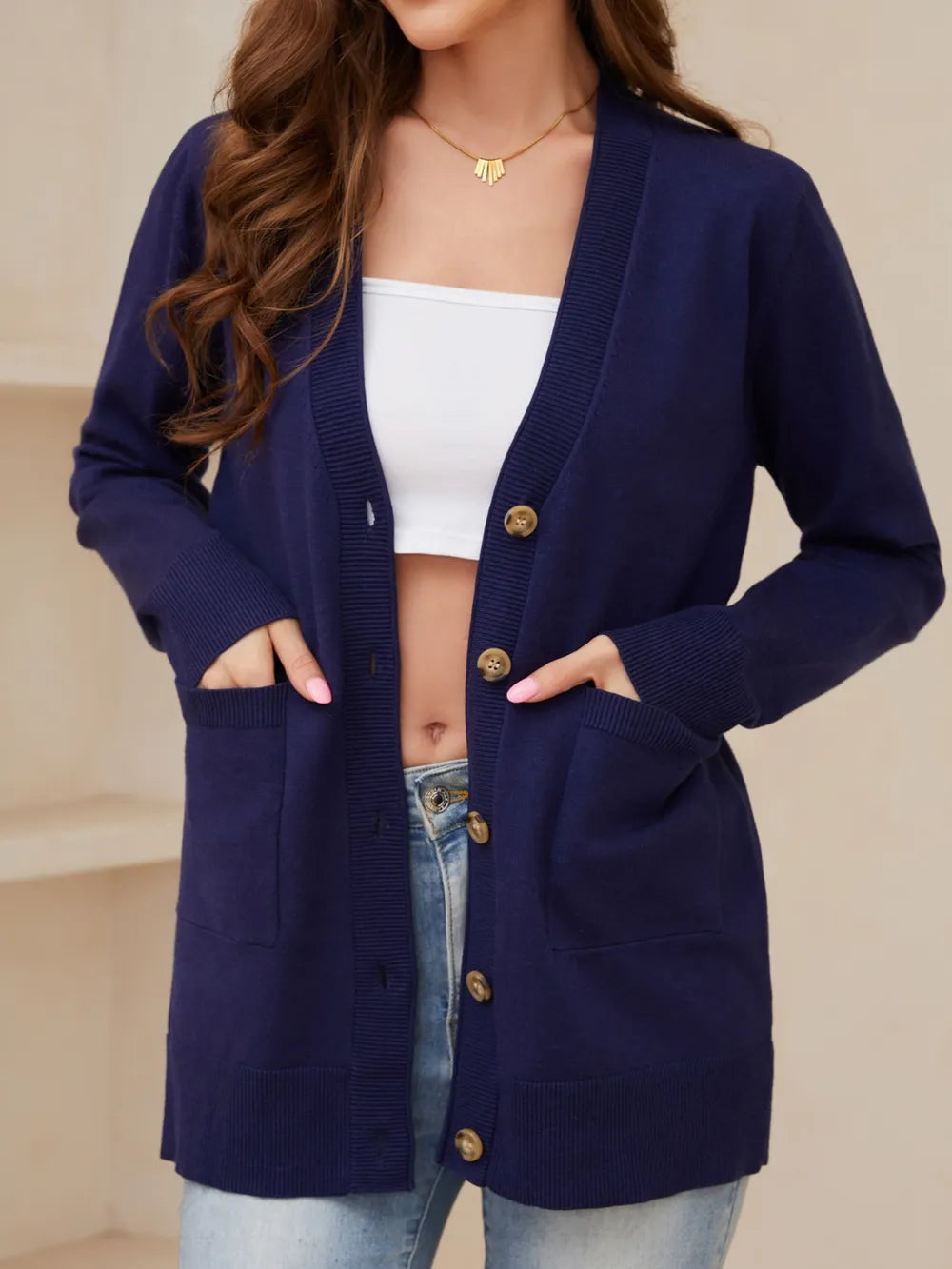 Pocketed Button Up Long Sleeve Cardigan - adritiX
