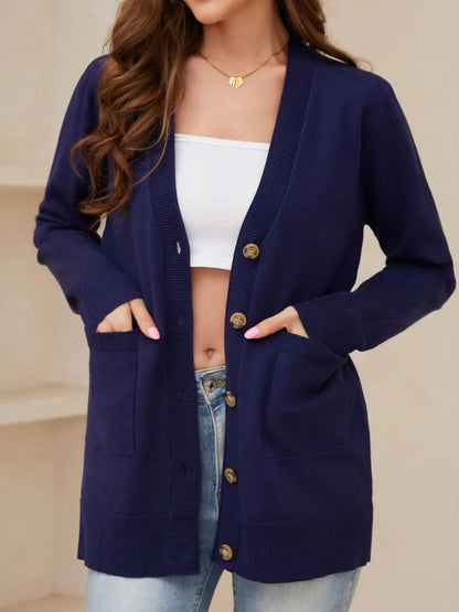 Pocketed Button Up Long Sleeve Cardigan - adritiX