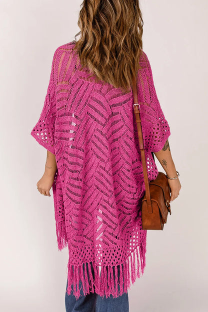 Openwork Open Front Cardigan with Fringes - adritiX